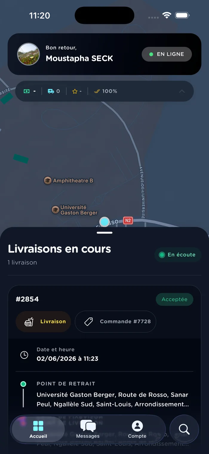 Écran d’accueil Ceeligo Pro : statut en ligne et livraisons en cours sur la carte
