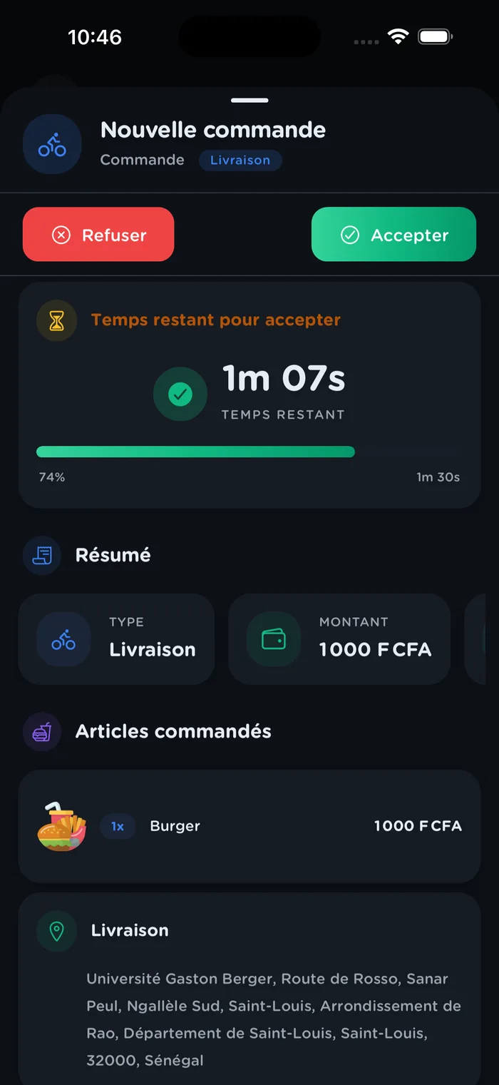 Proposition de course avec le résumé de la commande et le temps restant pour accepter